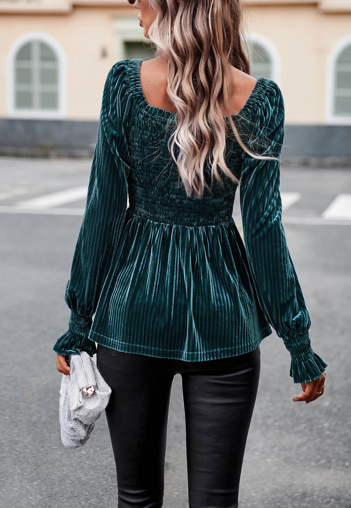 Velvet Smocked Ribbed Square Neck Peplum Blouse