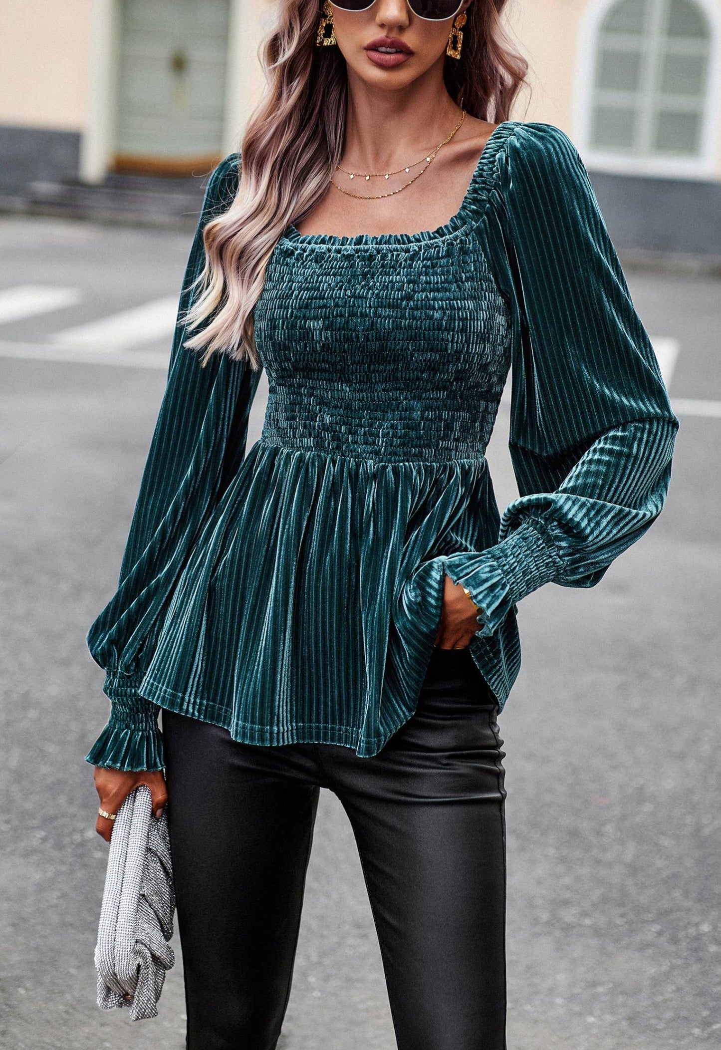 Velvet Smocked Ribbed Square Neck Peplum Blouse