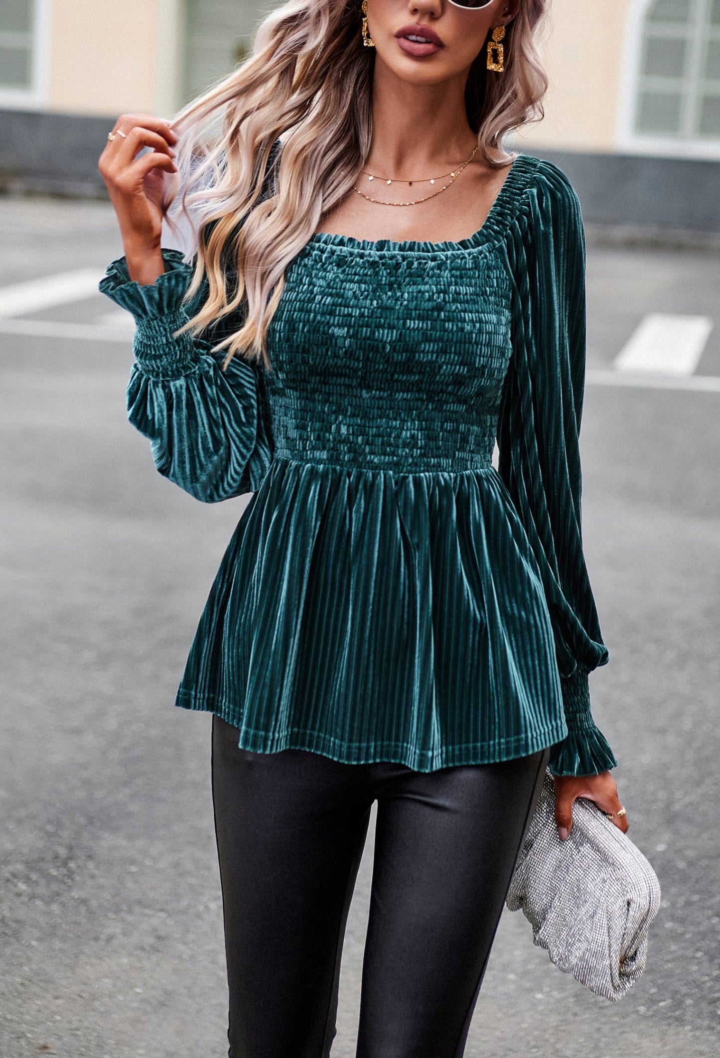 Velvet Smocked Ribbed Square Neck Peplum Blouse