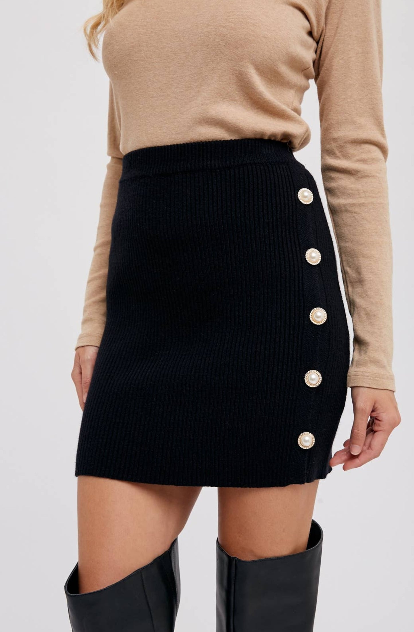 Pearl Buttoned Sweater Mini Skirt