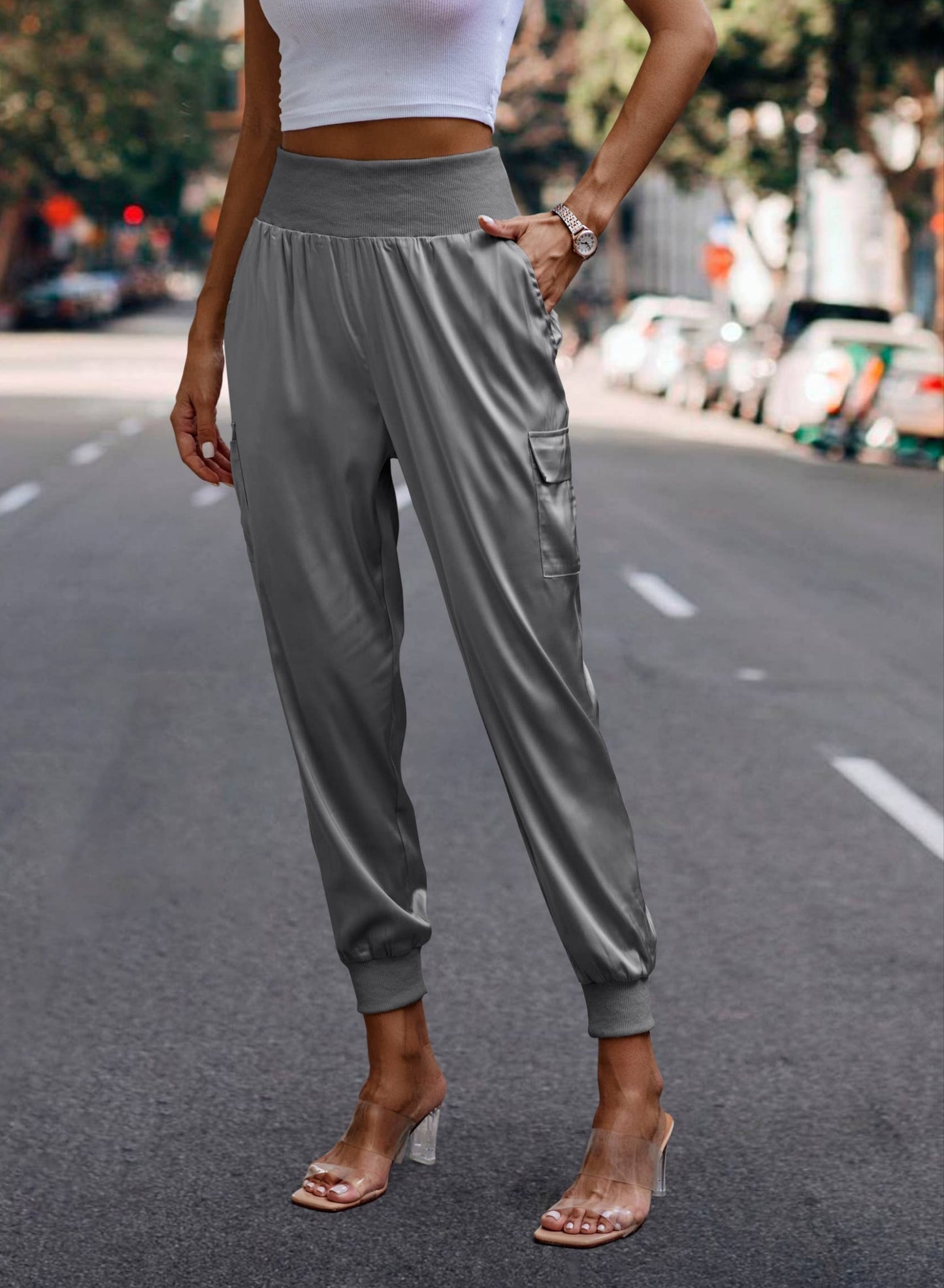 Gray Satin Cargo Joggers