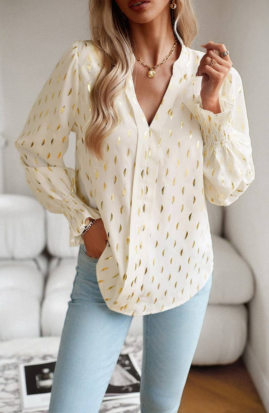 Cream V Neck Patterned Blouse