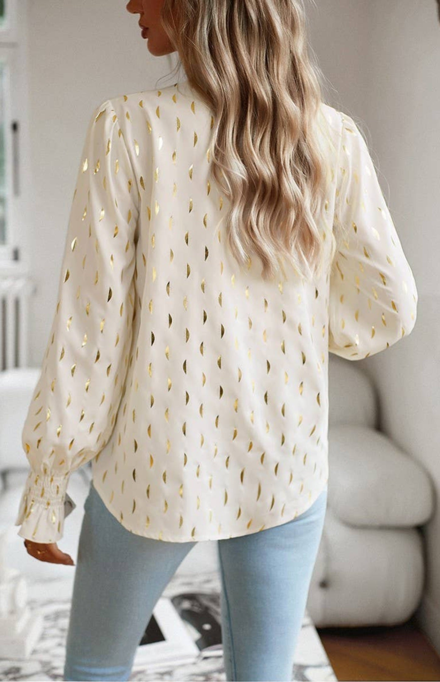 Cream V Neck Patterned Blouse