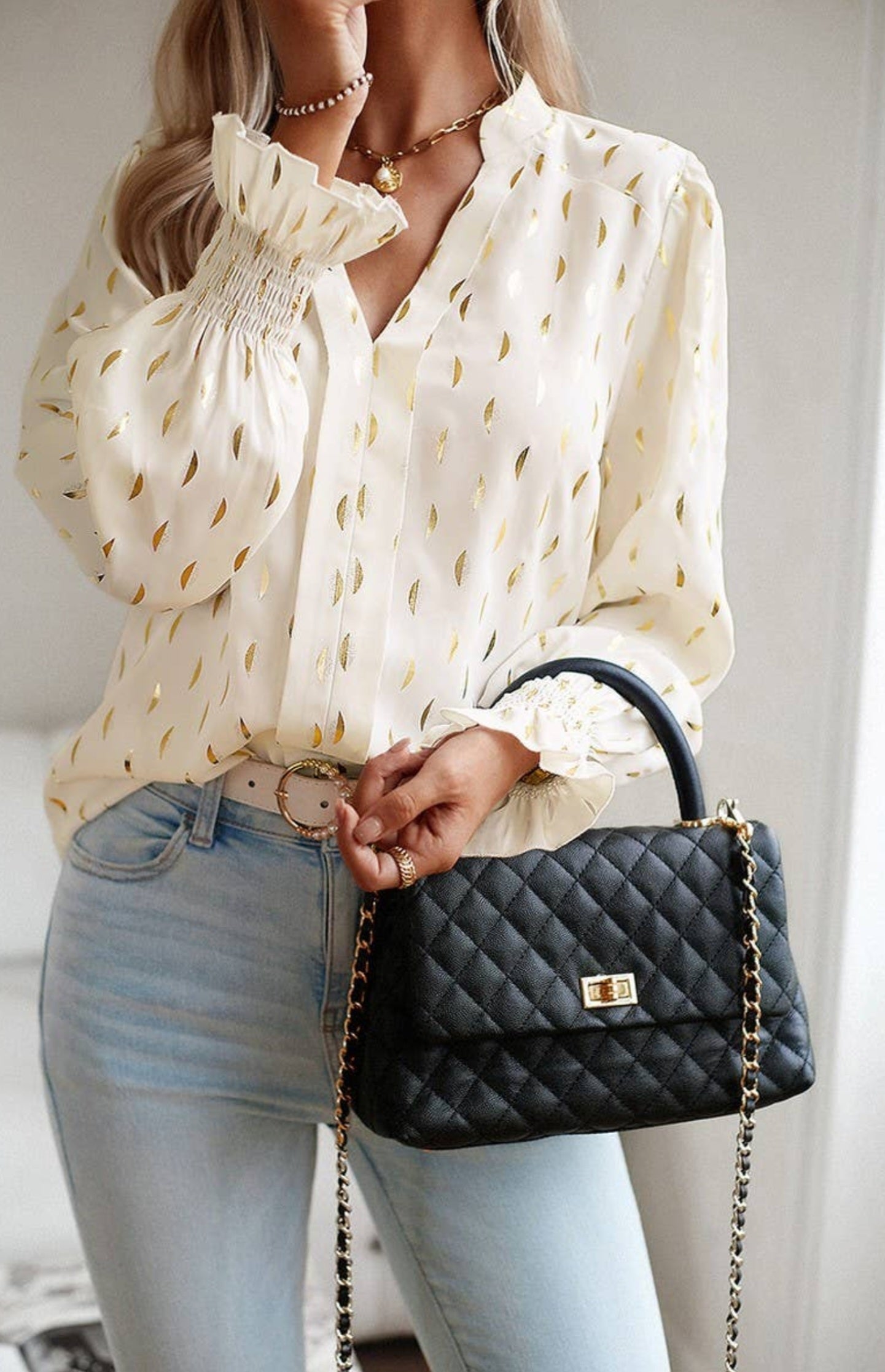 Cream V Neck Patterned Blouse