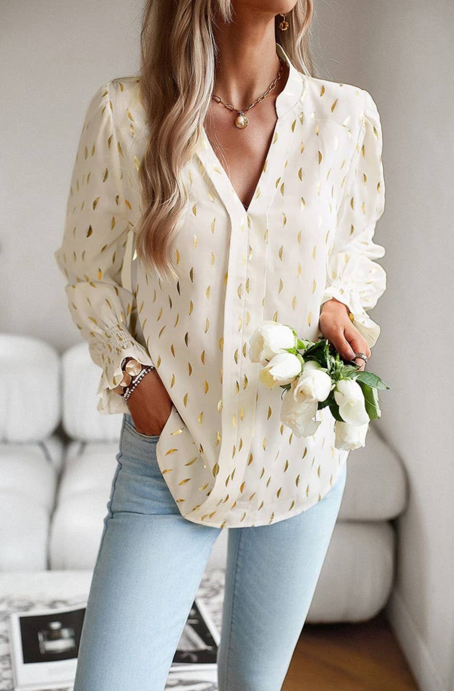 Cream V Neck Patterned Blouse