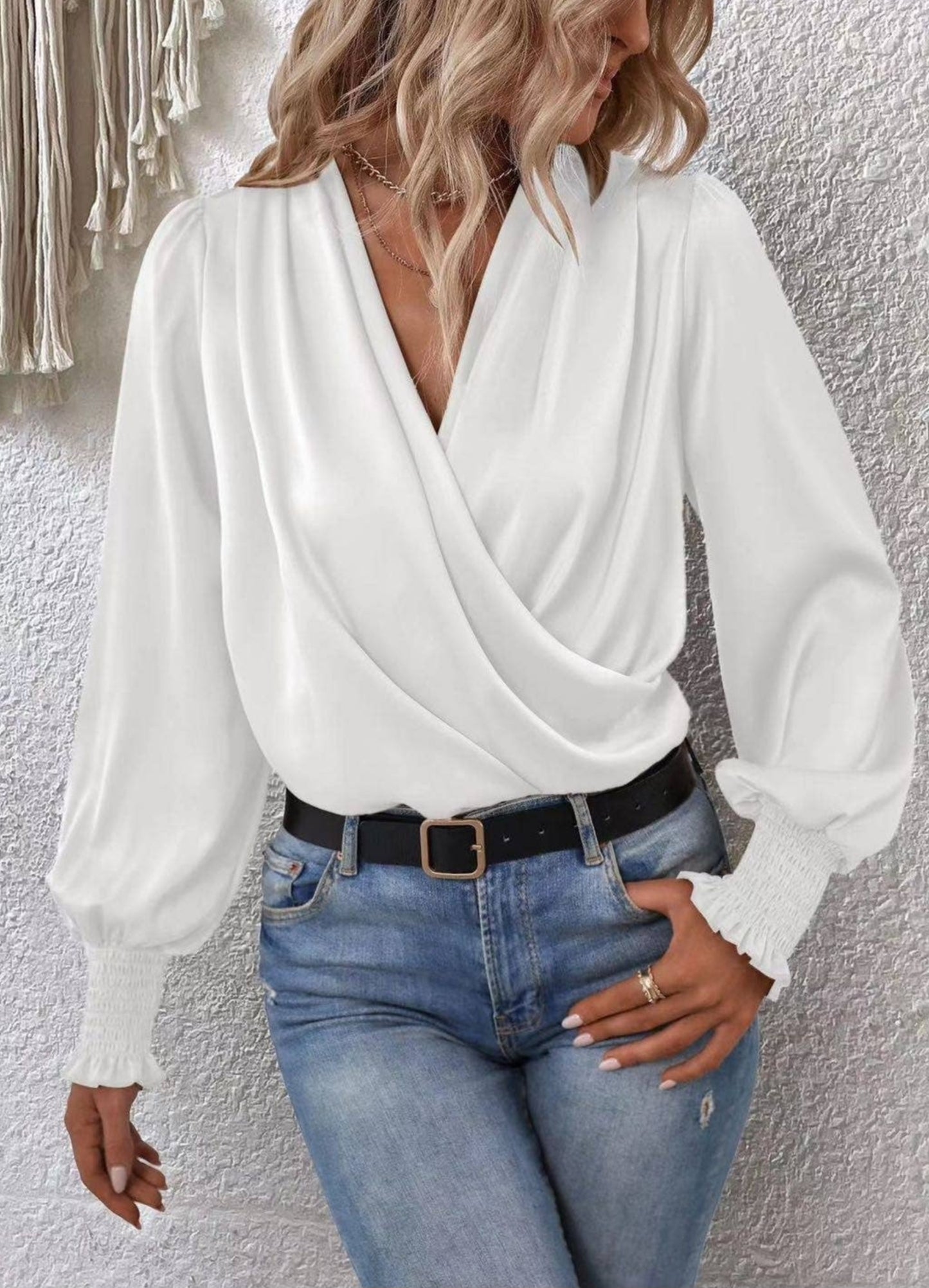 White Crossover Long Sleeve Blouse