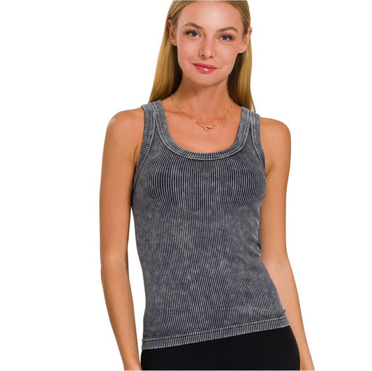 ash Black 2 Way Neckline Washed Ribbed Tank Top