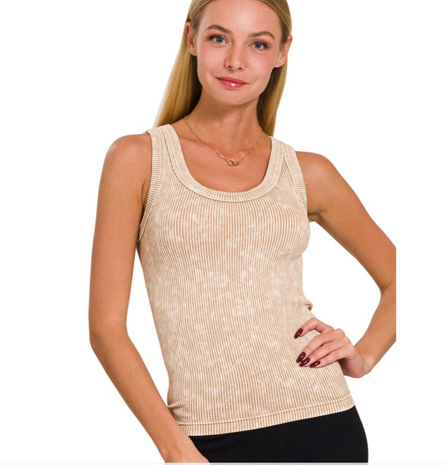 Ash Mocha 2 Way Neckline Washed Ribbed Tank Top