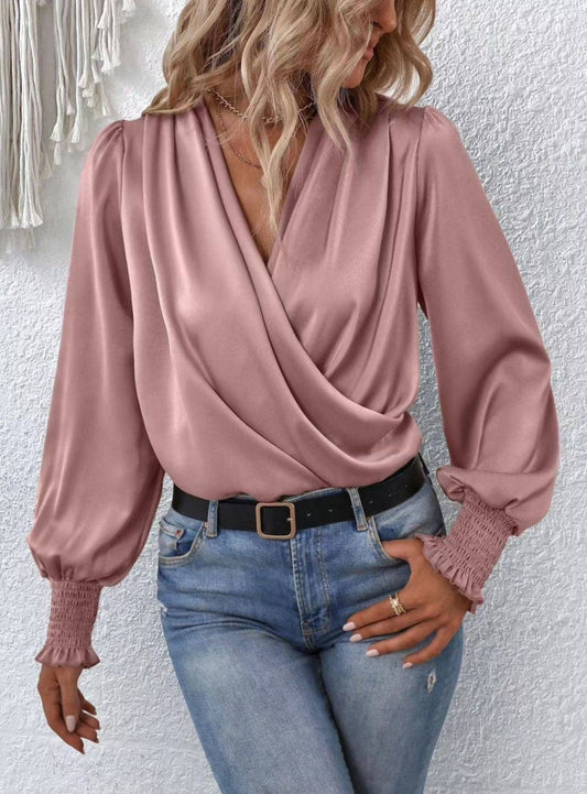 Dusty Rose Crossover Long Sleeve Silk Blouse