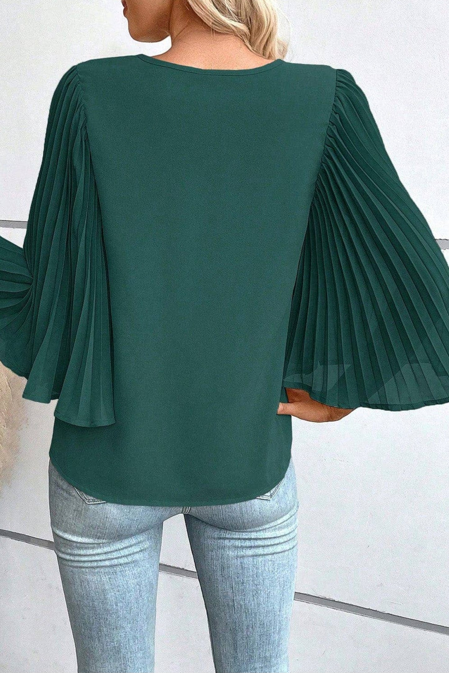 Emerald Pleated Bell Sleeve Blouse