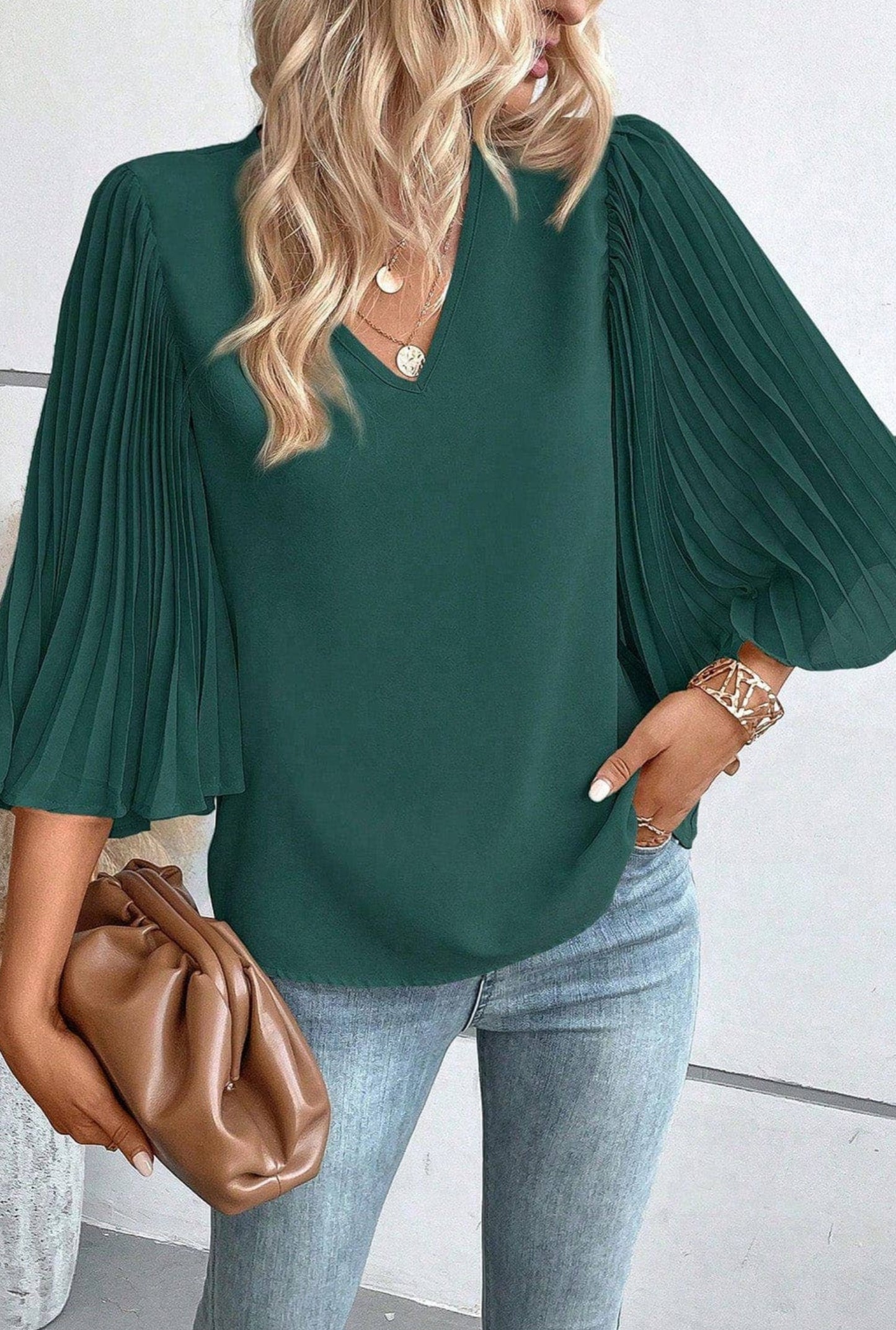 Emerald Pleated Bell Sleeve Blouse