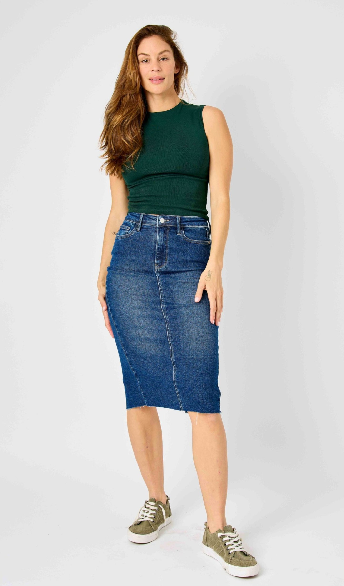 Judy Blue High Waist Back Slit Hem Mid Length Skirt