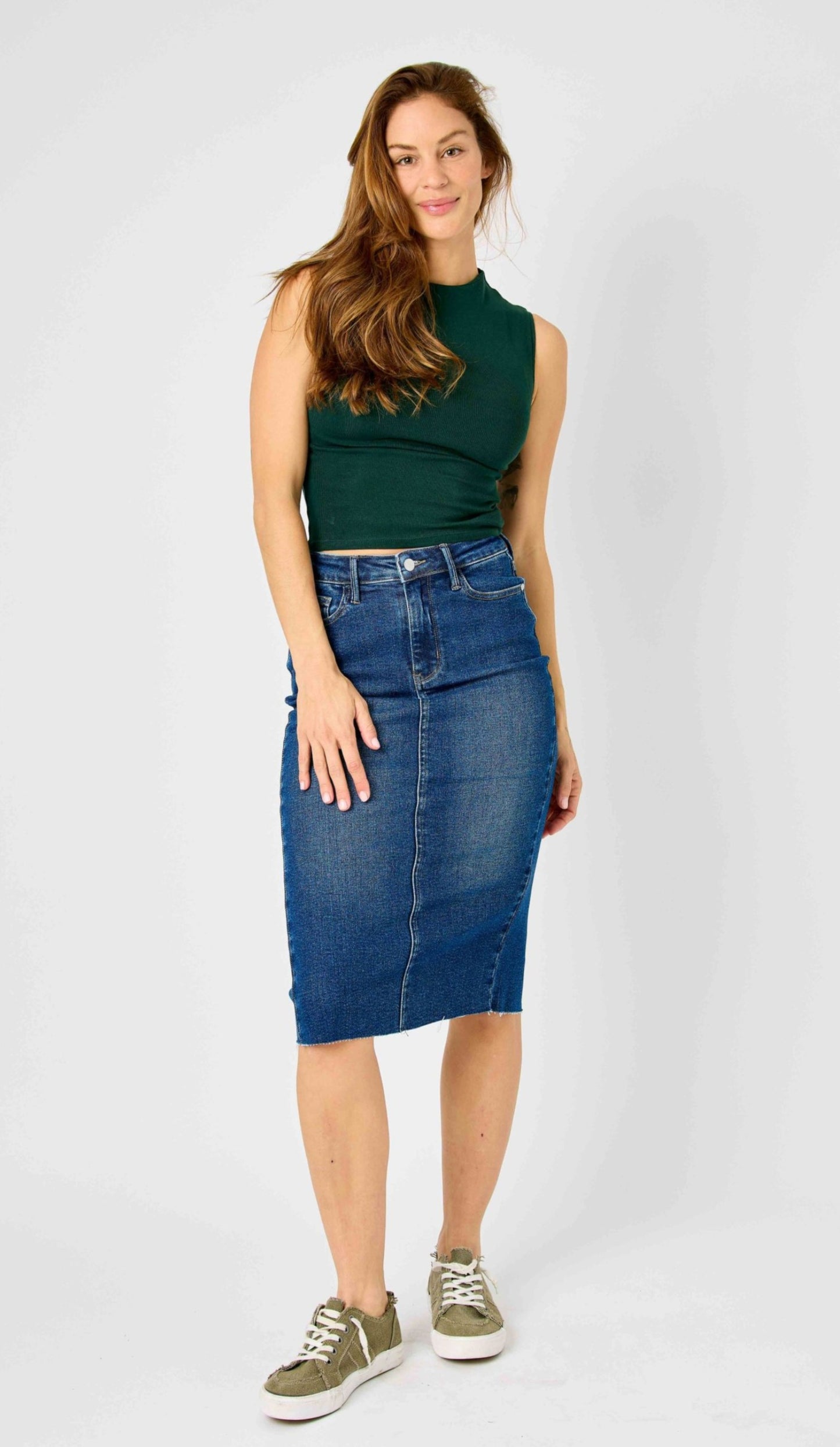 Judy Blue High Waist Back Slit Hem Mid Length Skirt