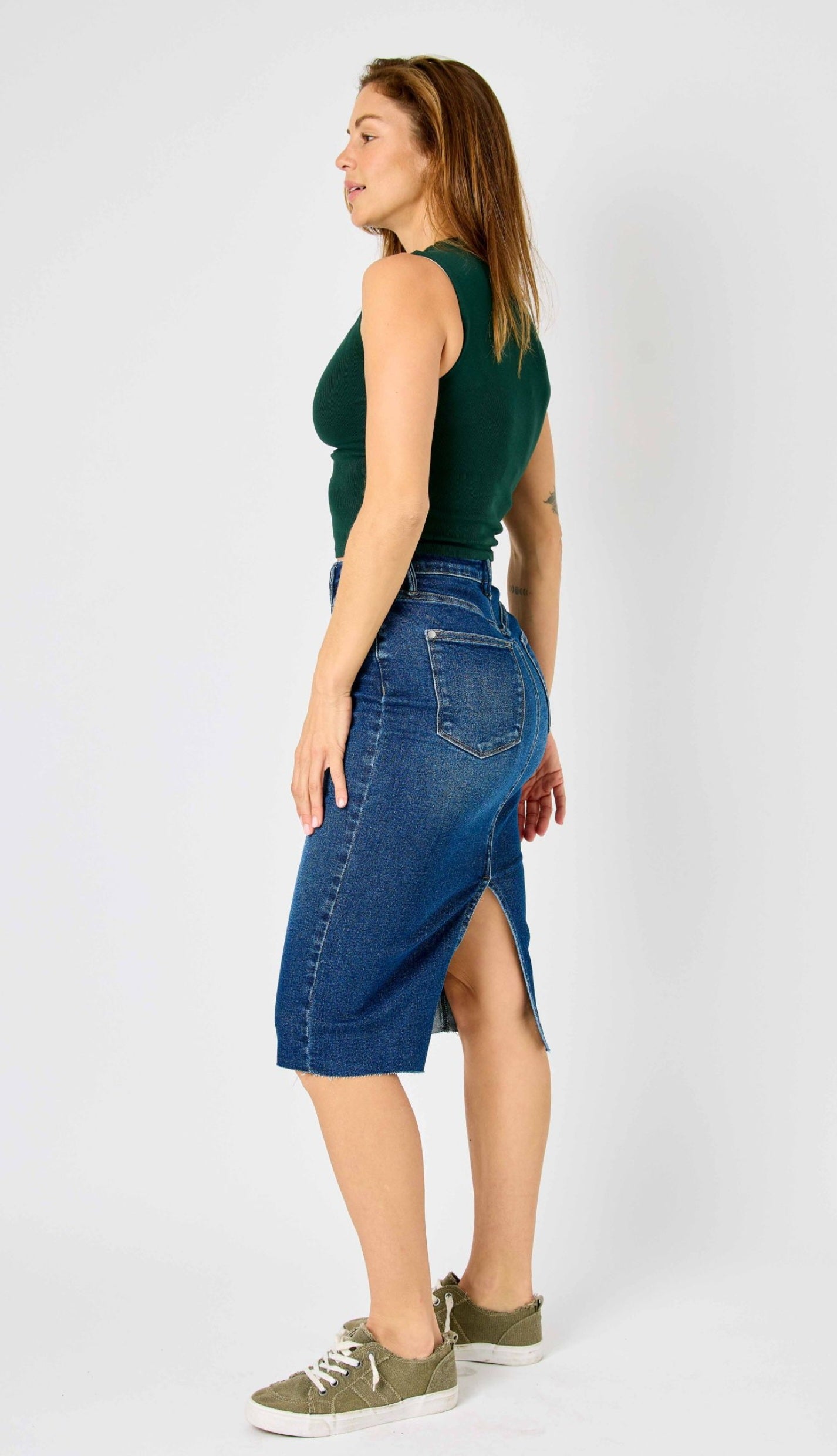 Judy Blue High Waist Back Slit Hem Mid Length Skirt