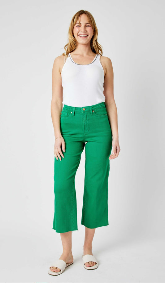 Judy Blues High Waist Kelly Green Tummy Control Crop Wide Leg