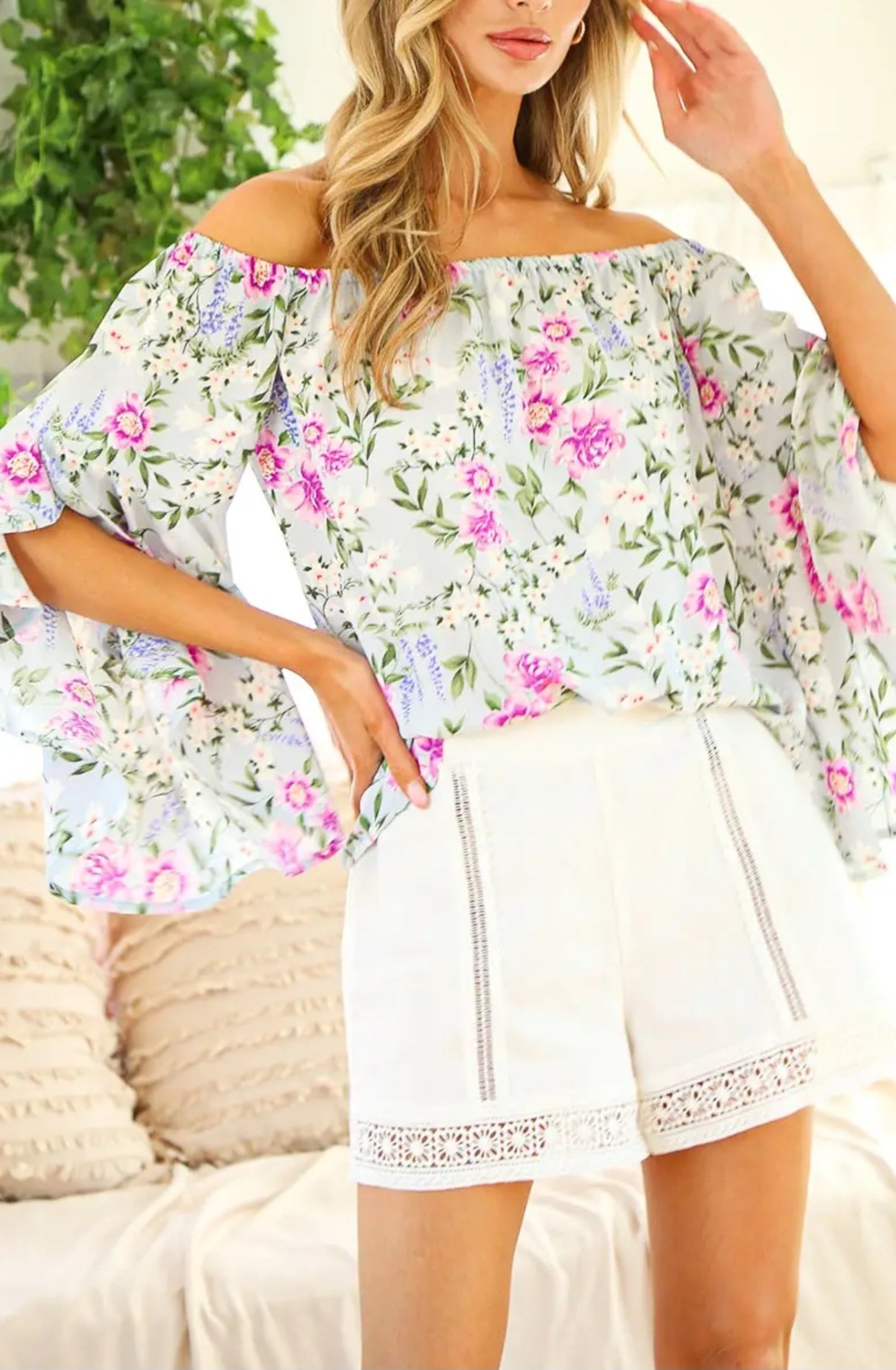 Blue Floral Ruffle Sleeve Top