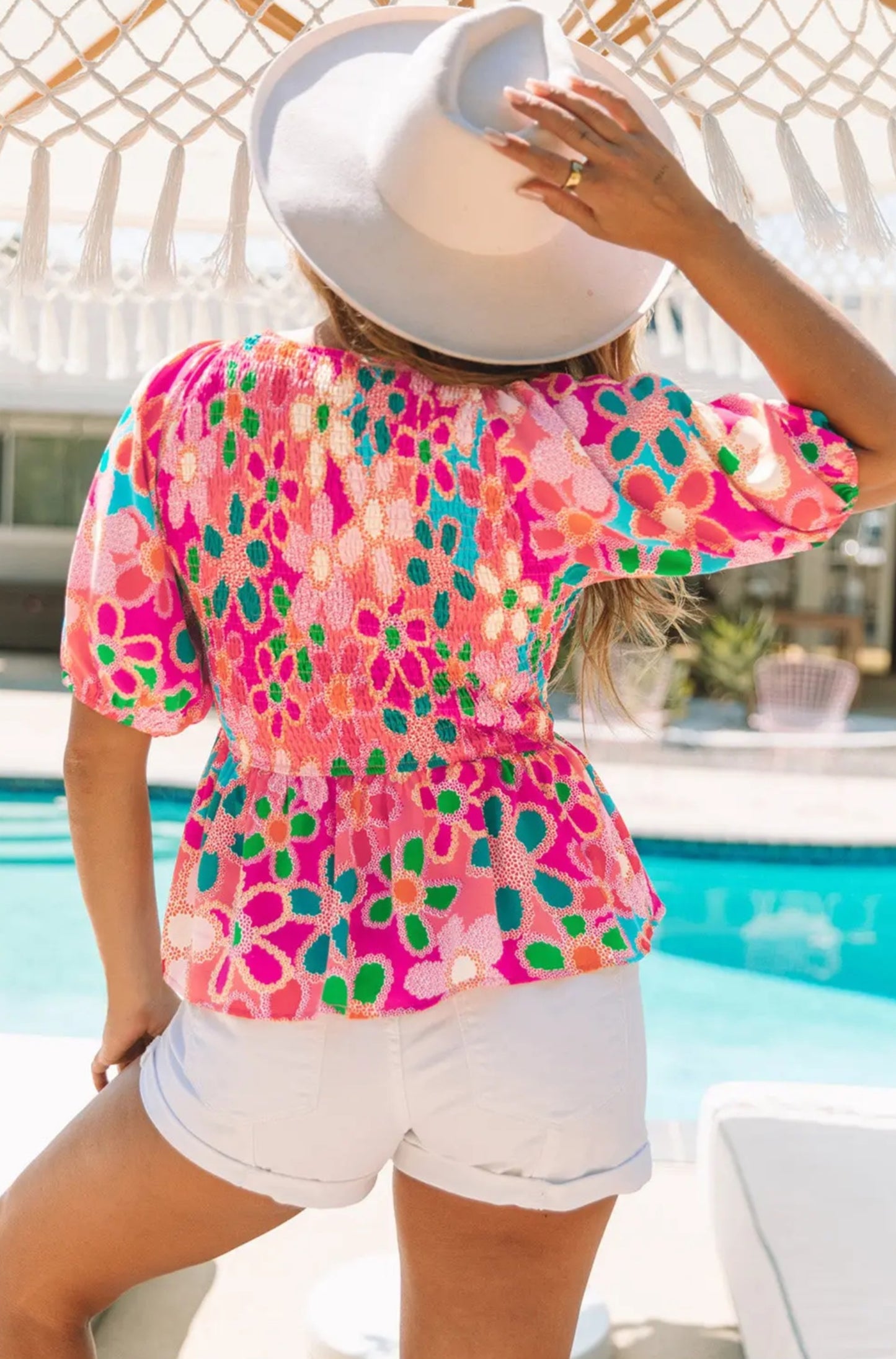 Boho Flower Puff Sleeve Peplum Top