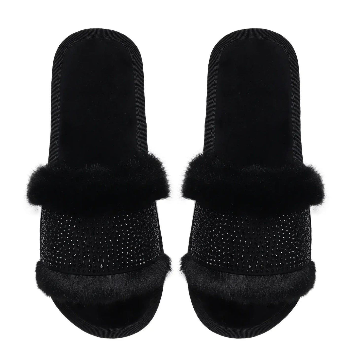 Black Rhinestone Faux Fur Slippers