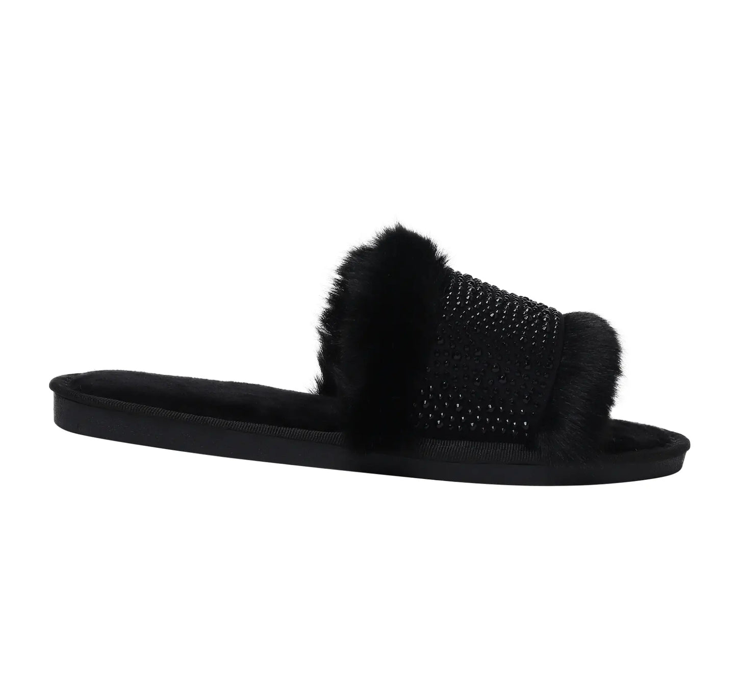 Black Rhinestone Faux Fur Slippers