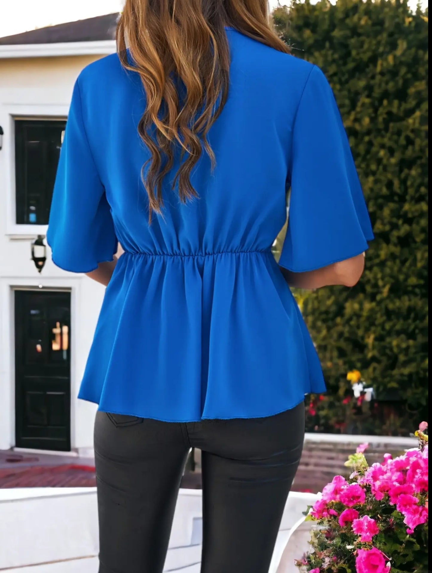 Royal Blue Tie Waist Elegant Blouse