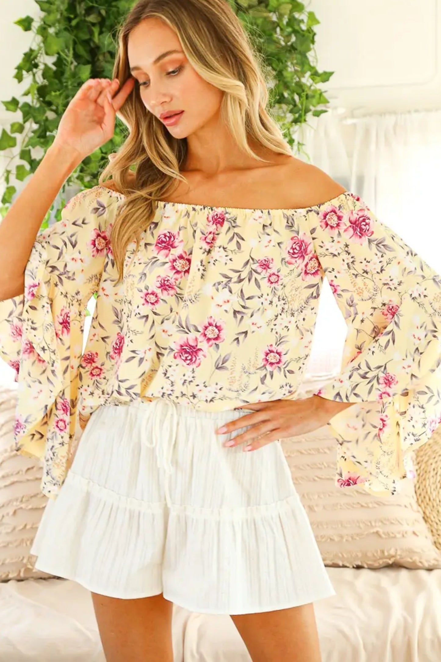 Yellow Off The Shoulder Floral Top