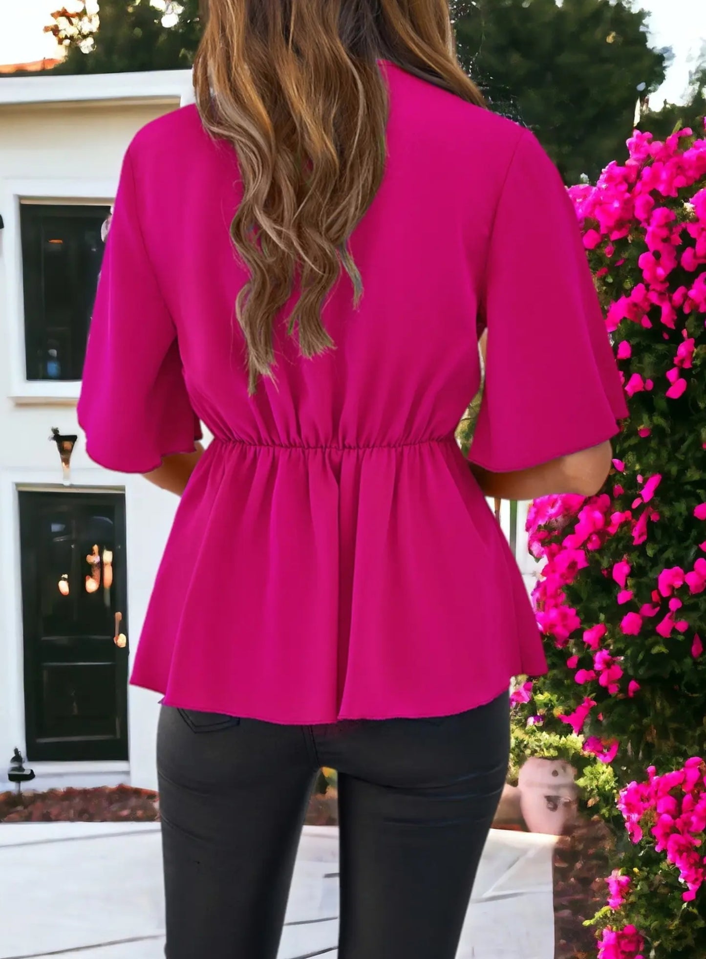 Magenta Tie Waist Elegant Blouse