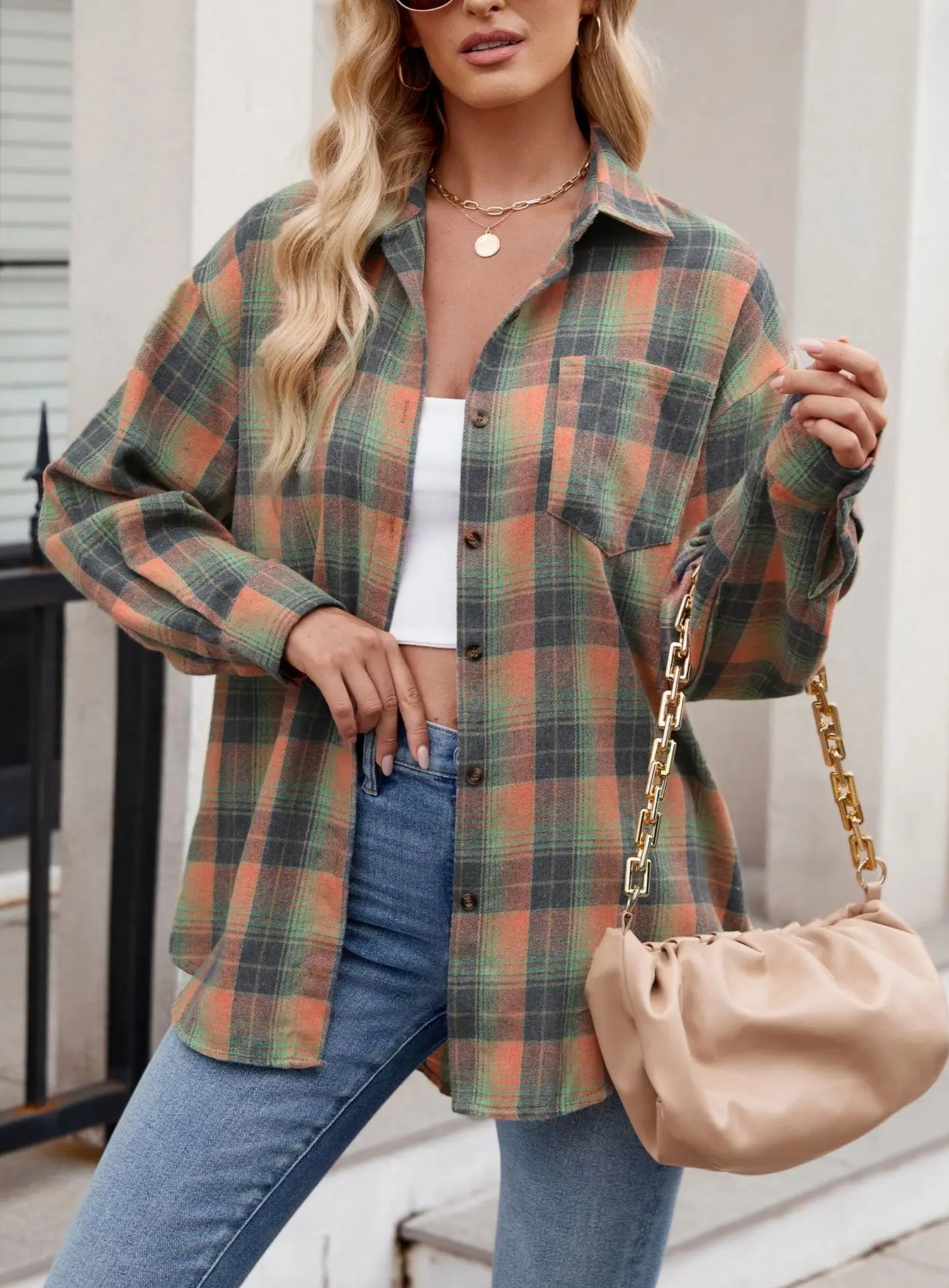 Orange Plaid Button Up Flannel Shirt