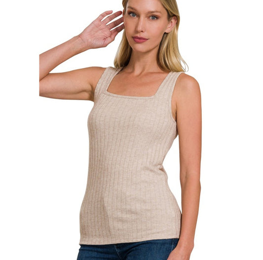 Ash Mocha Ribbed Square Neck Sleeveless Top