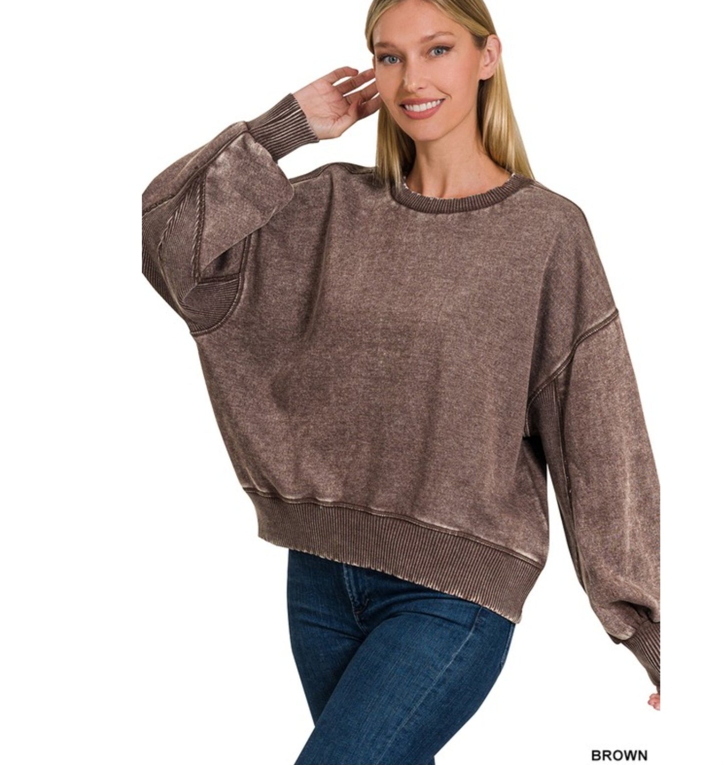 Brown Acid Wash Fleece  Oversized Pullover