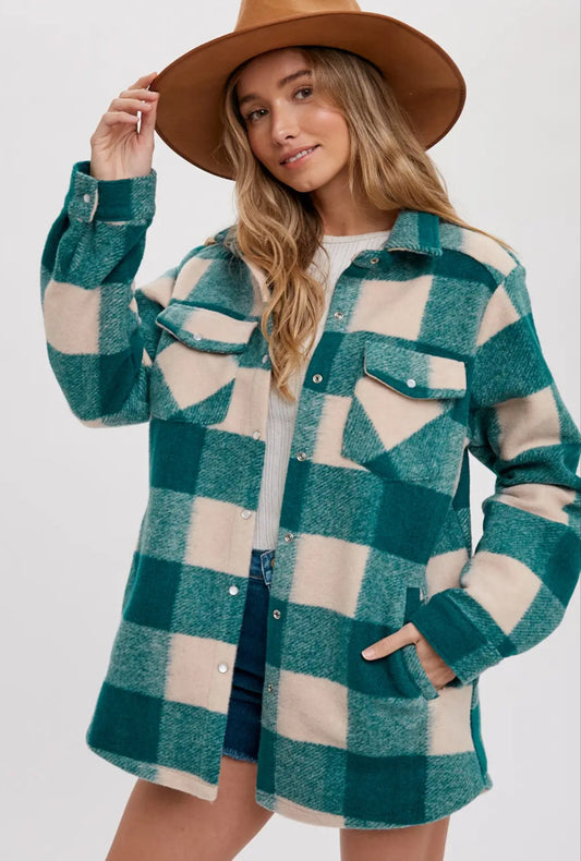 Teal Checkered Brushed Flannel Shacket