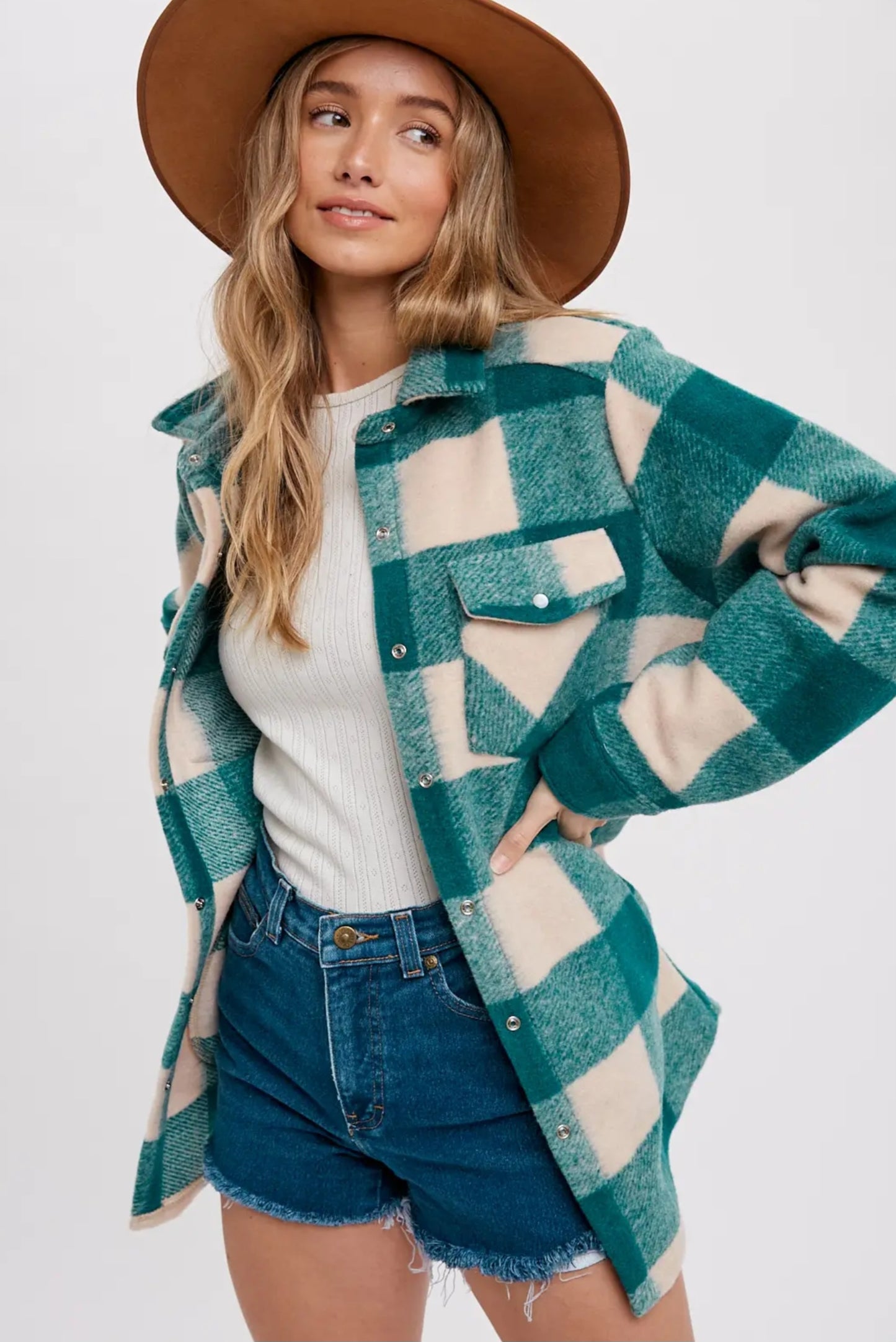 Teal Checkered Brushed Flannel Shacket