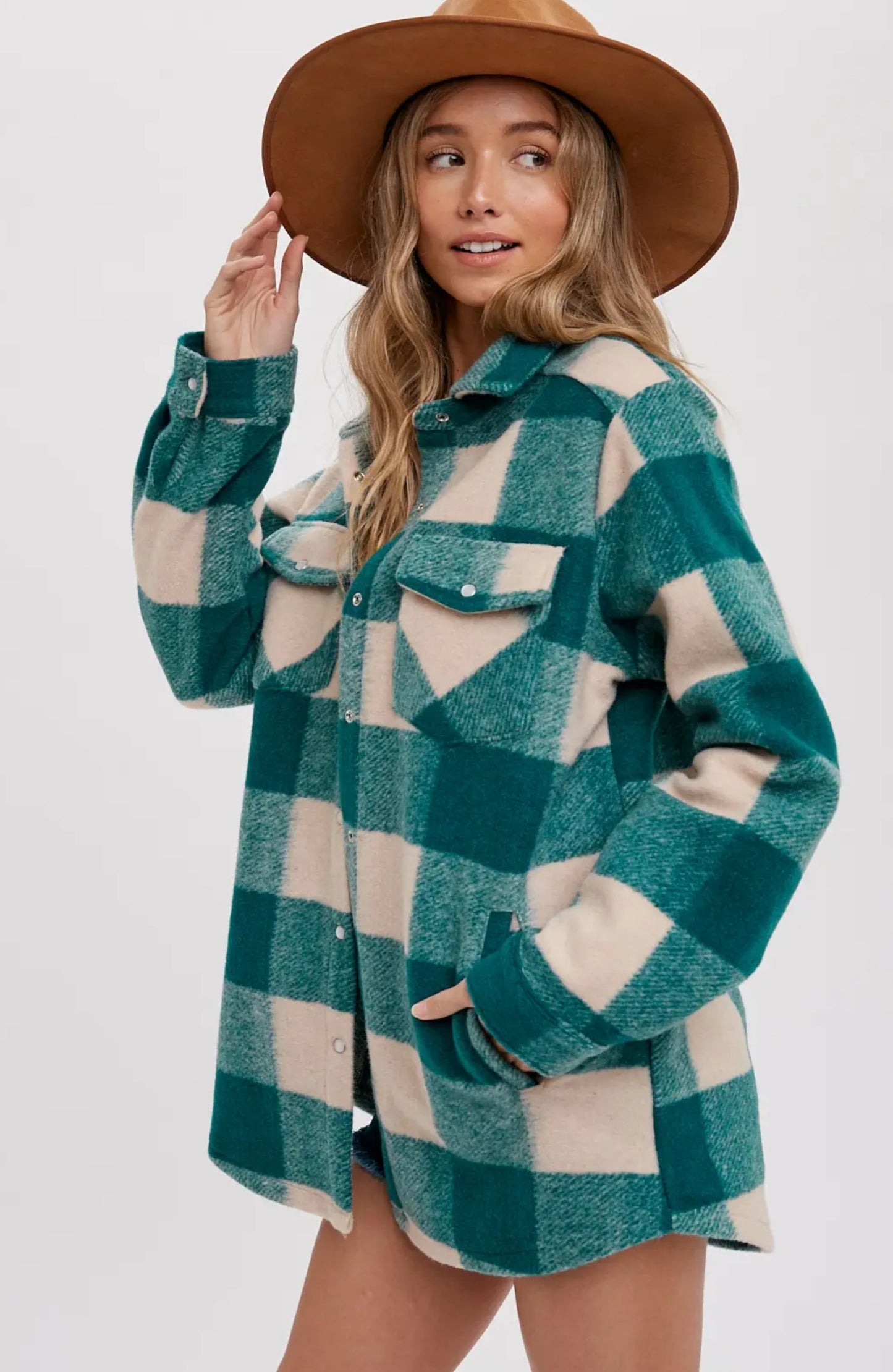 Teal Checkered Brushed Flannel Shacket