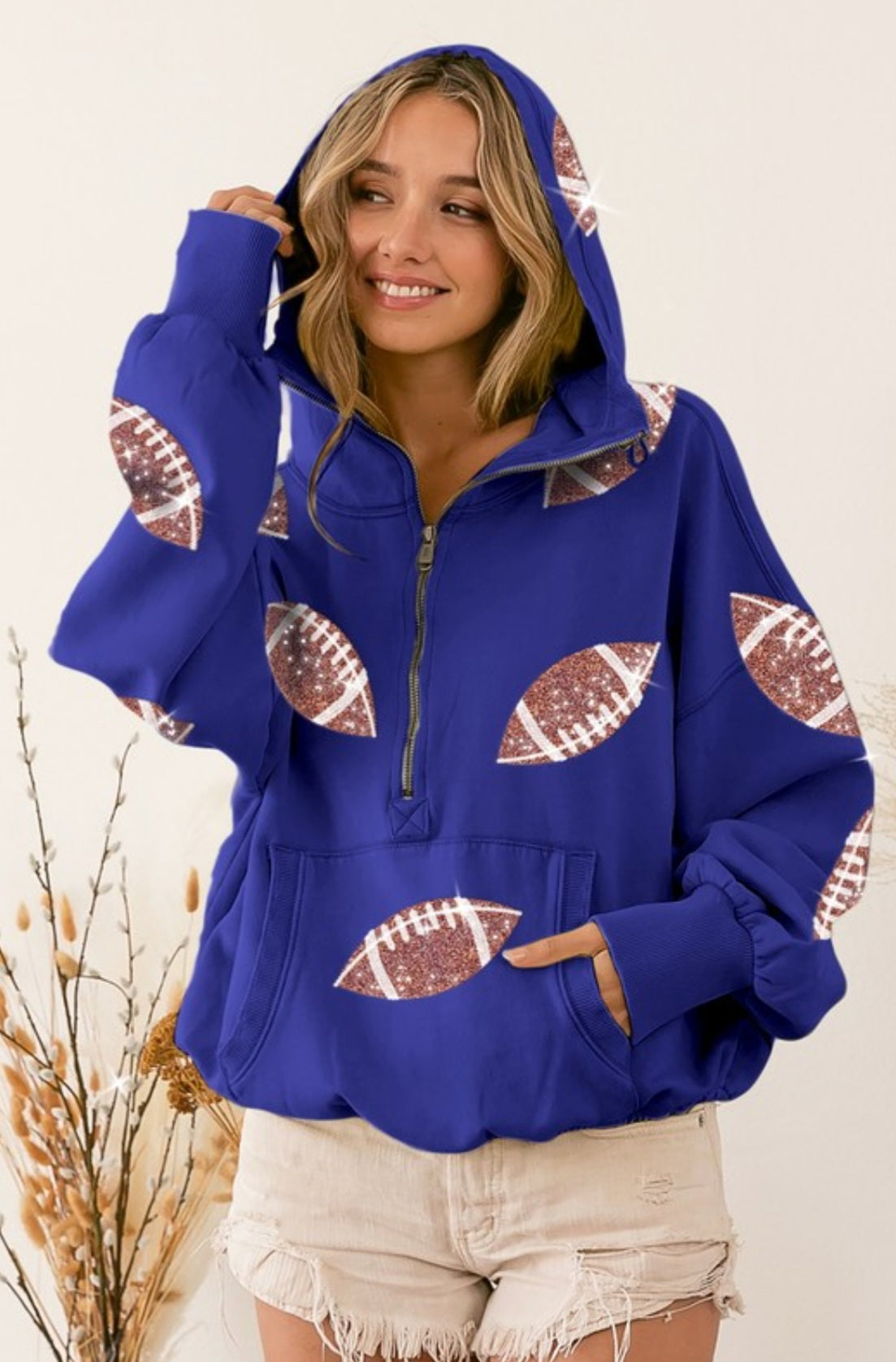 Football Sequin Half Zip Hoodie