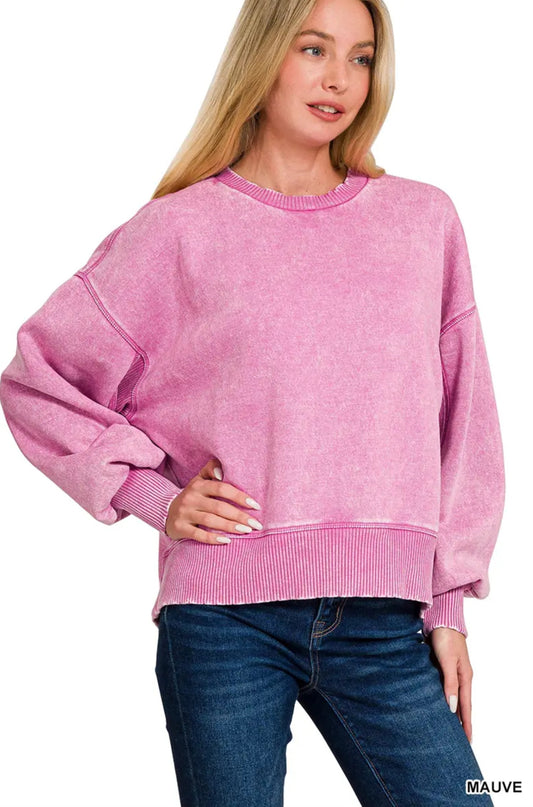 Mauve Acid Wash Oversized Fleece Pullover