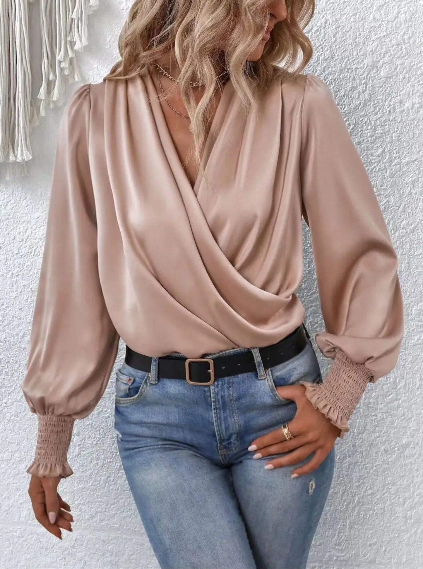 Black Crossover Long Sleeve Silk Blouse