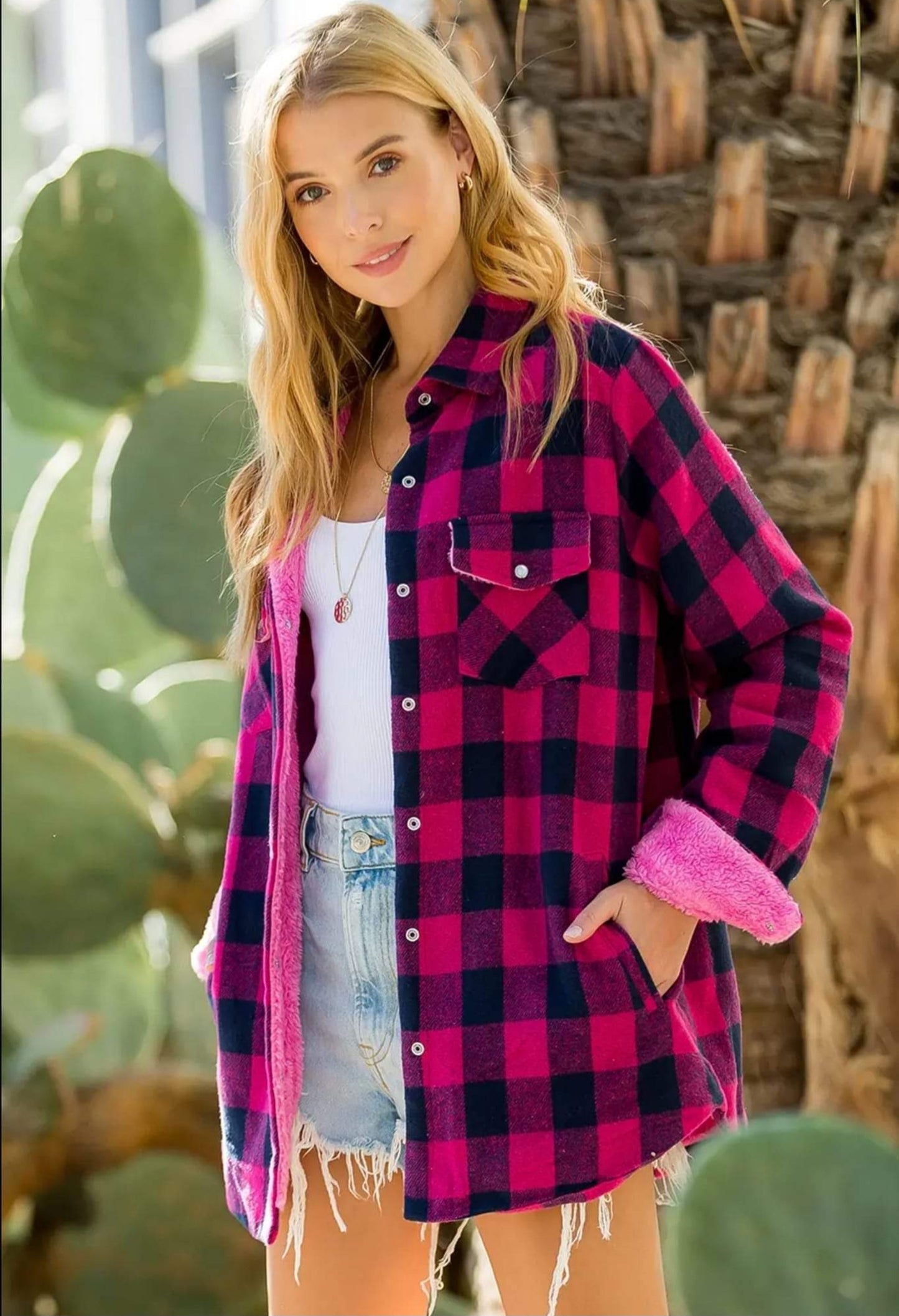 Pink Buffalo Plaid Sherpa Lined Shacket