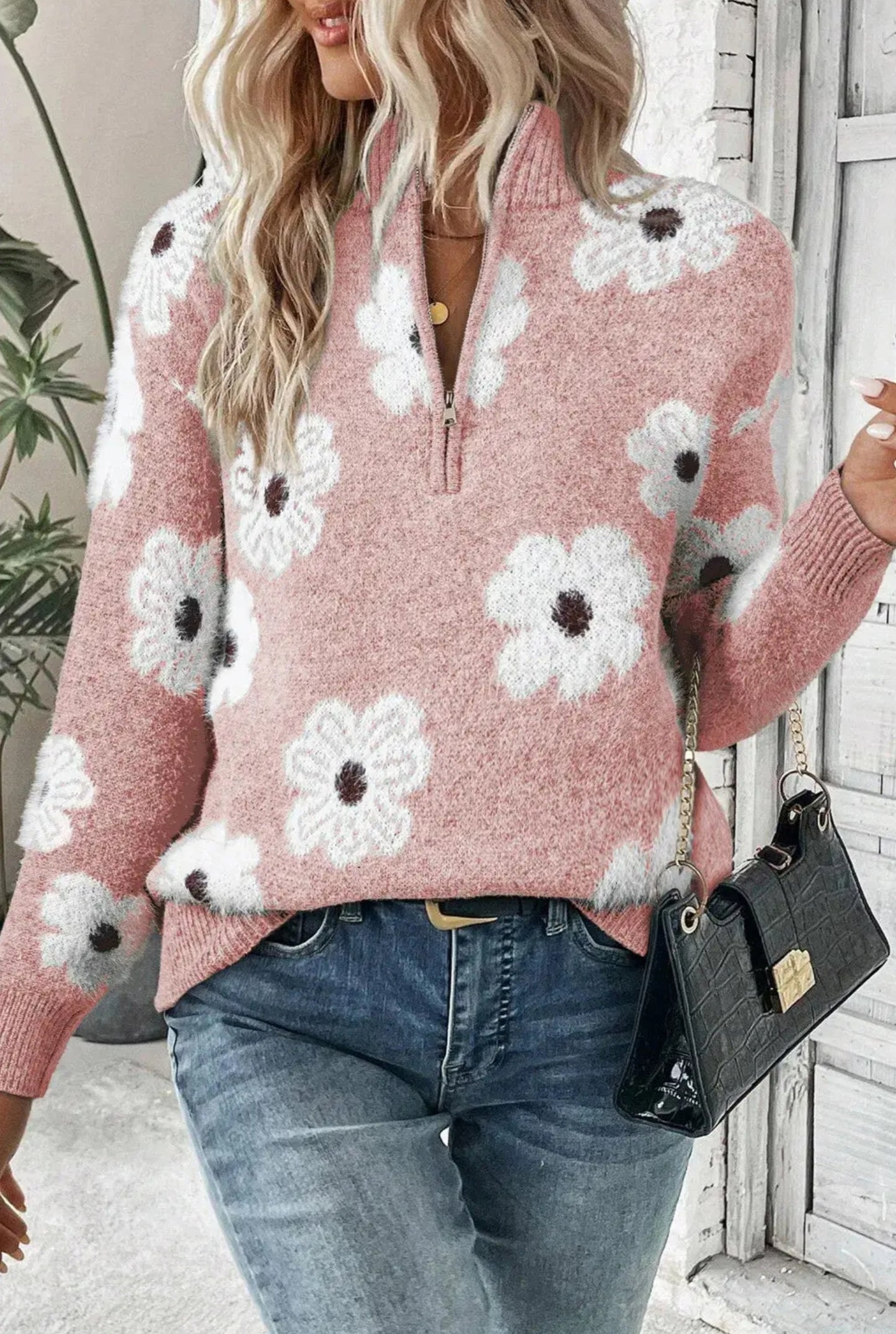 Gray Floral Half Zip Sweater