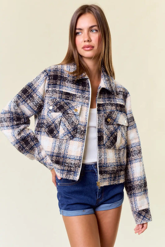 Textured Plaid Collared Neck Jacket