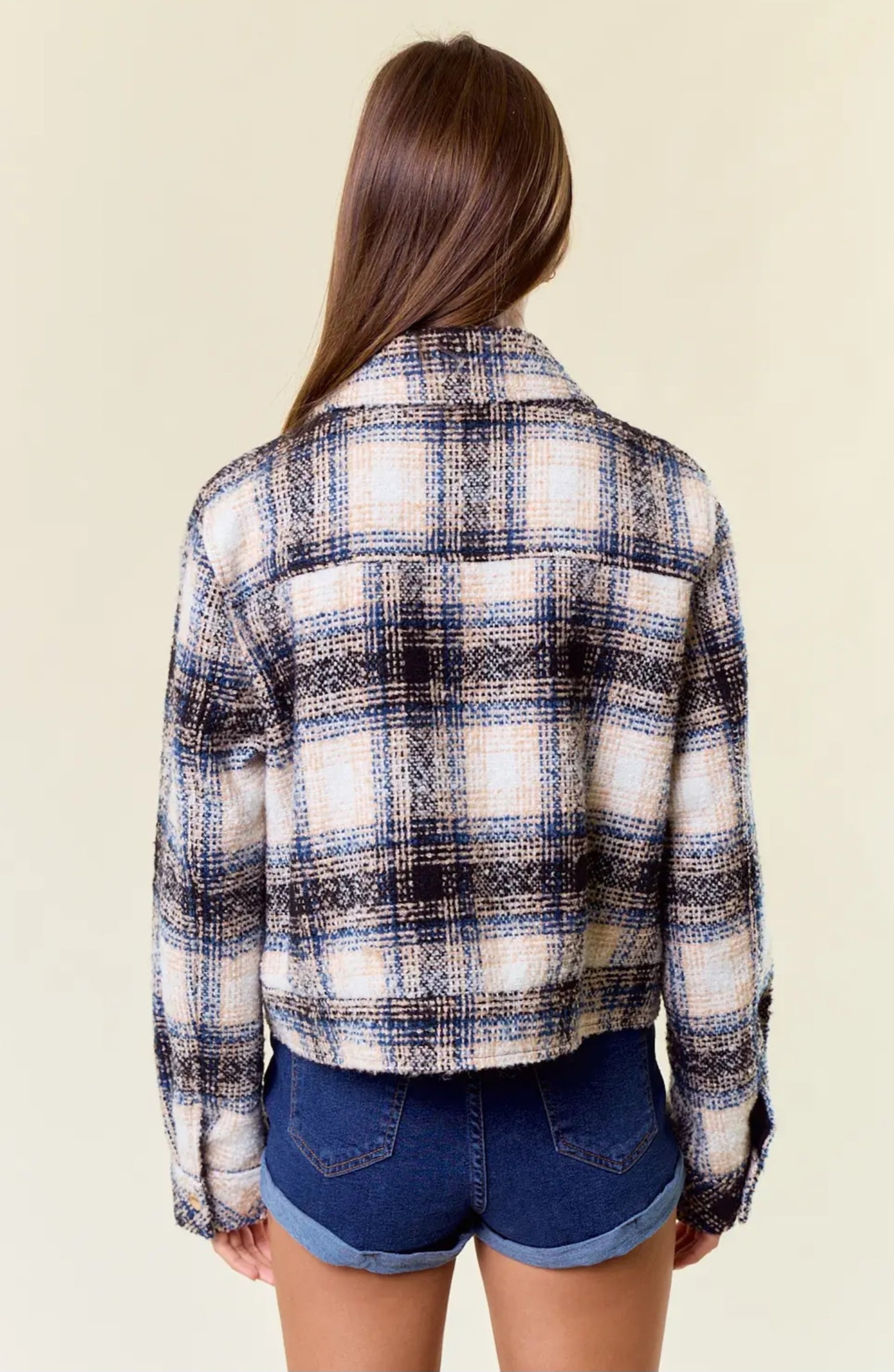 Textured Plaid Collared Neck Jacket