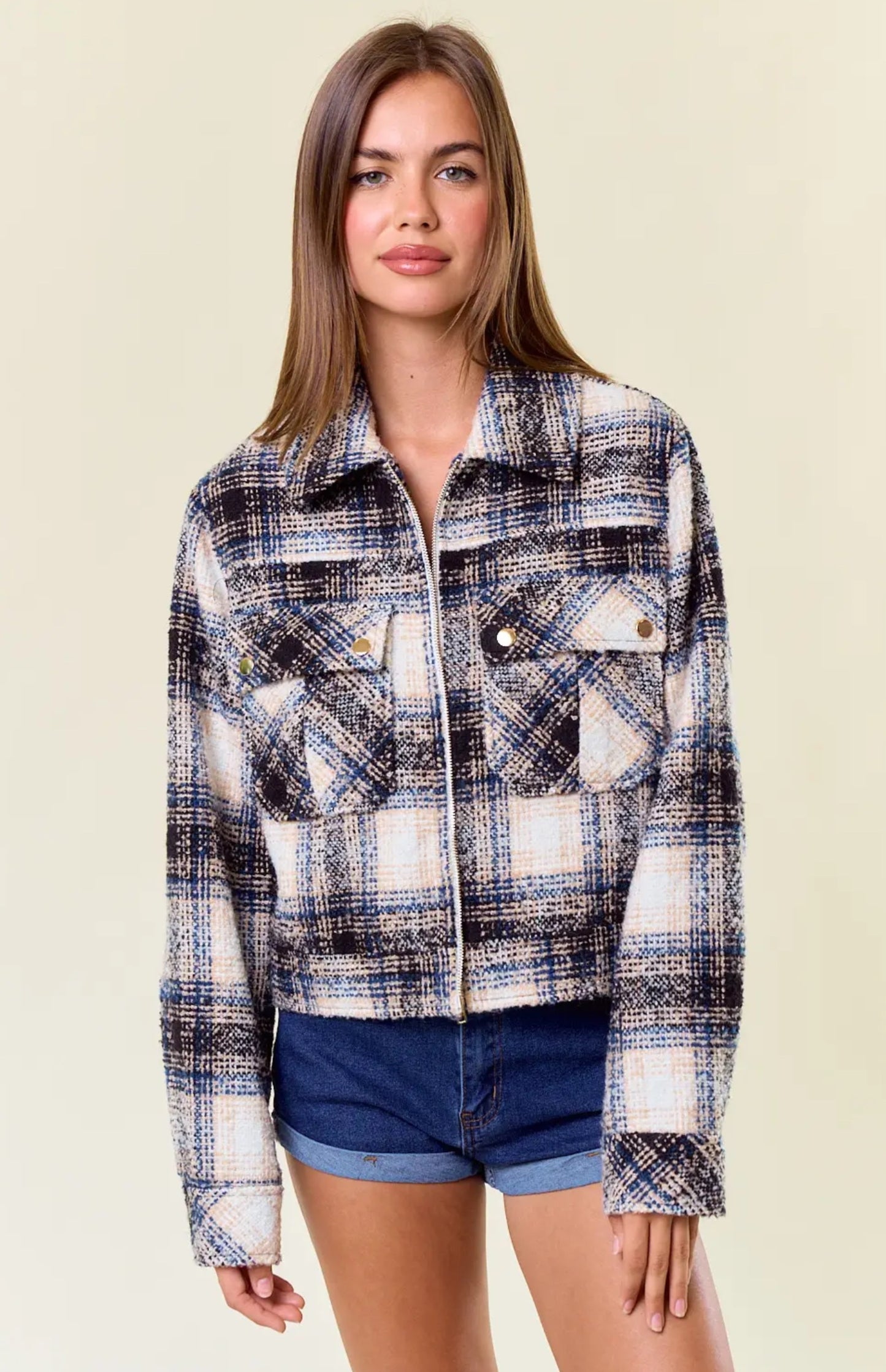 Textured Plaid Collared Neck Jacket