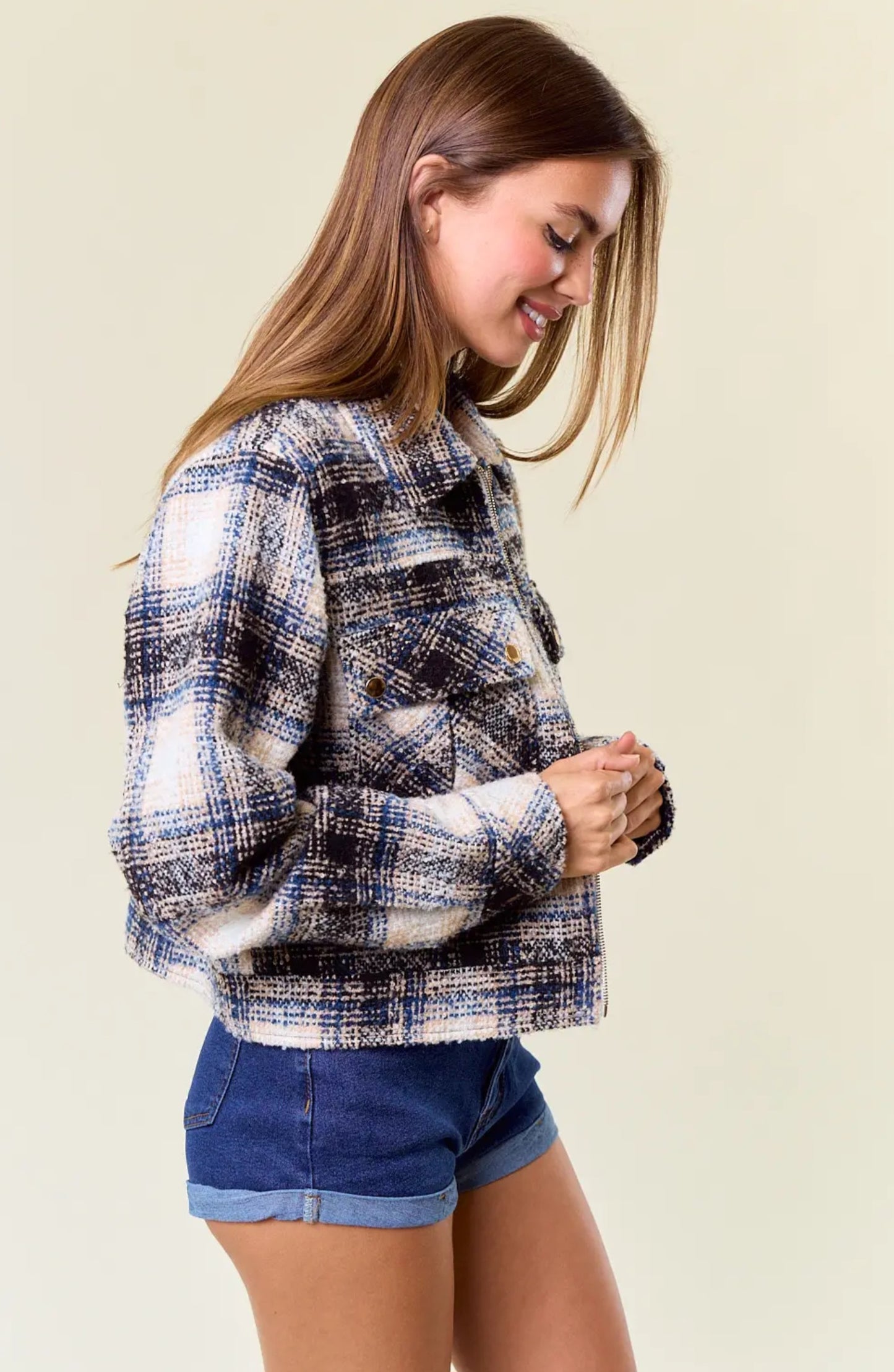 Textured Plaid Collared Neck Jacket