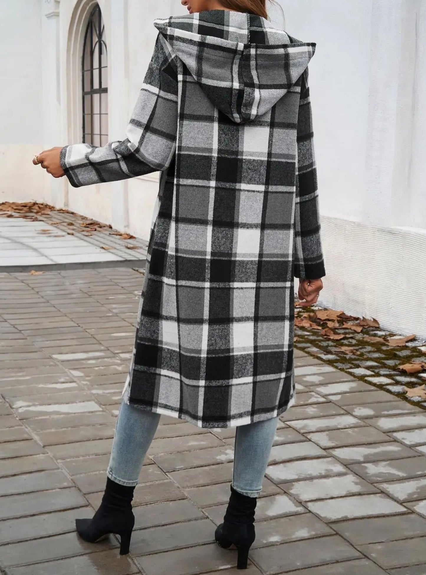 Black/White Long Plaid Hooded Shacket