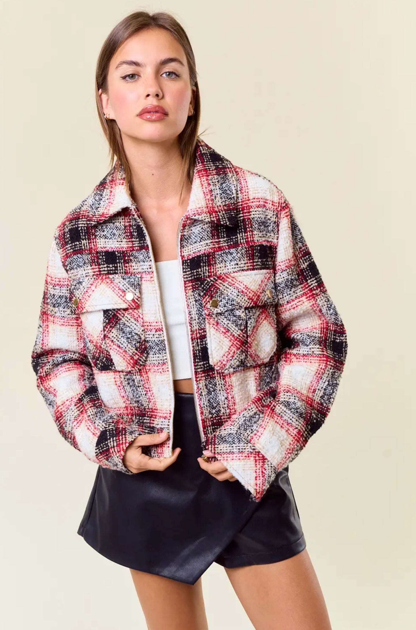 Textured Plaid Collared Neck Jacket