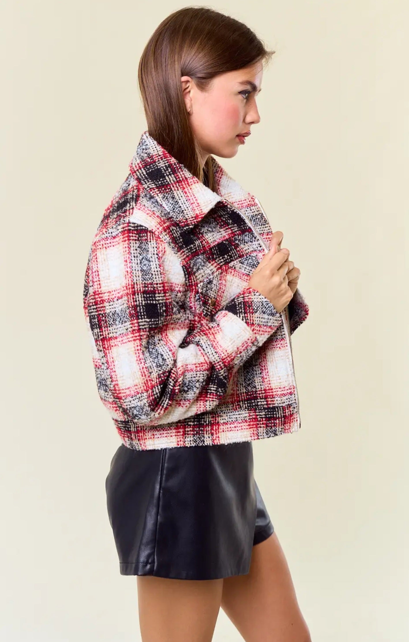 Textured Plaid Collared Neck Jacket