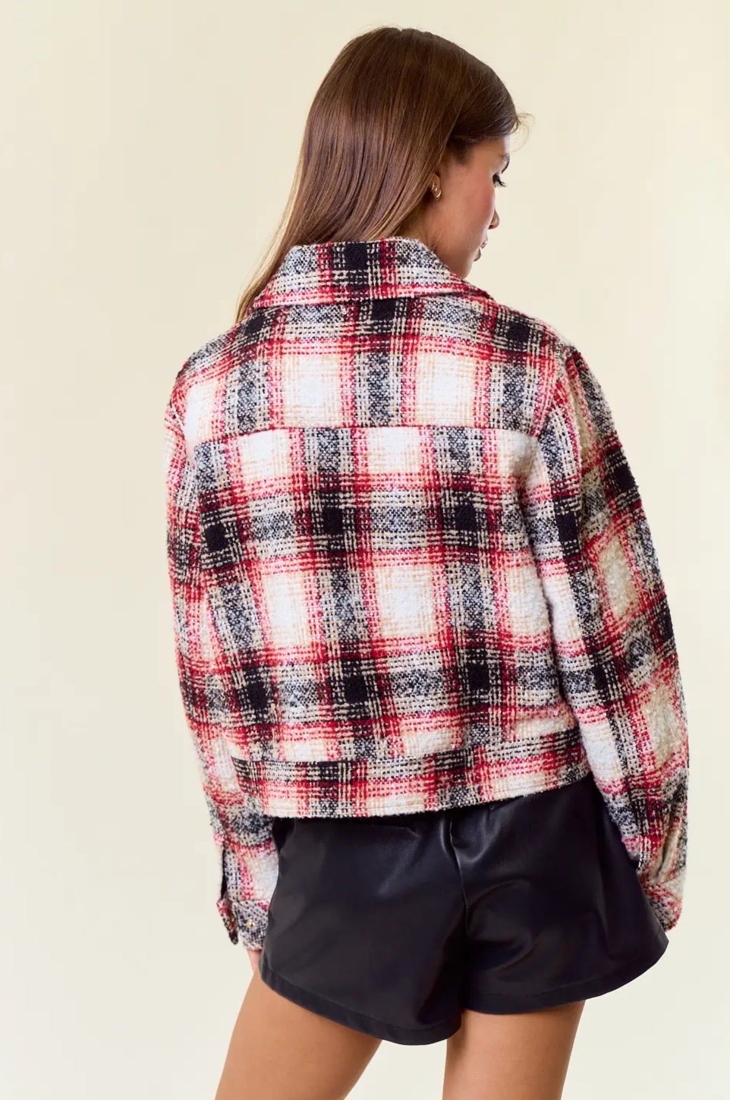 Textured Plaid Collared Neck Jacket