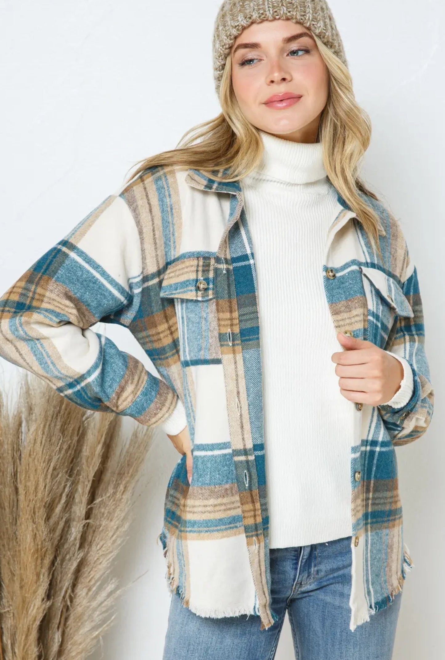 Teal/Taupe Yarn Dyed Plaid Shacket