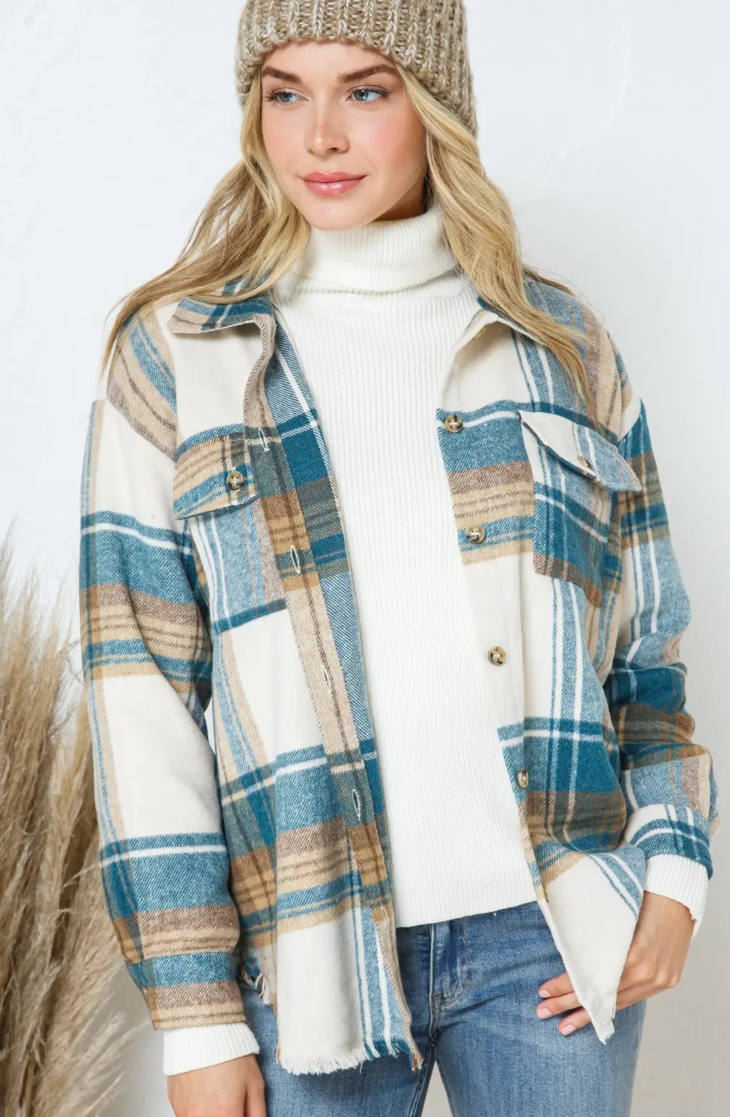 Teal/Taupe Yarn Dyed Plaid Shacket