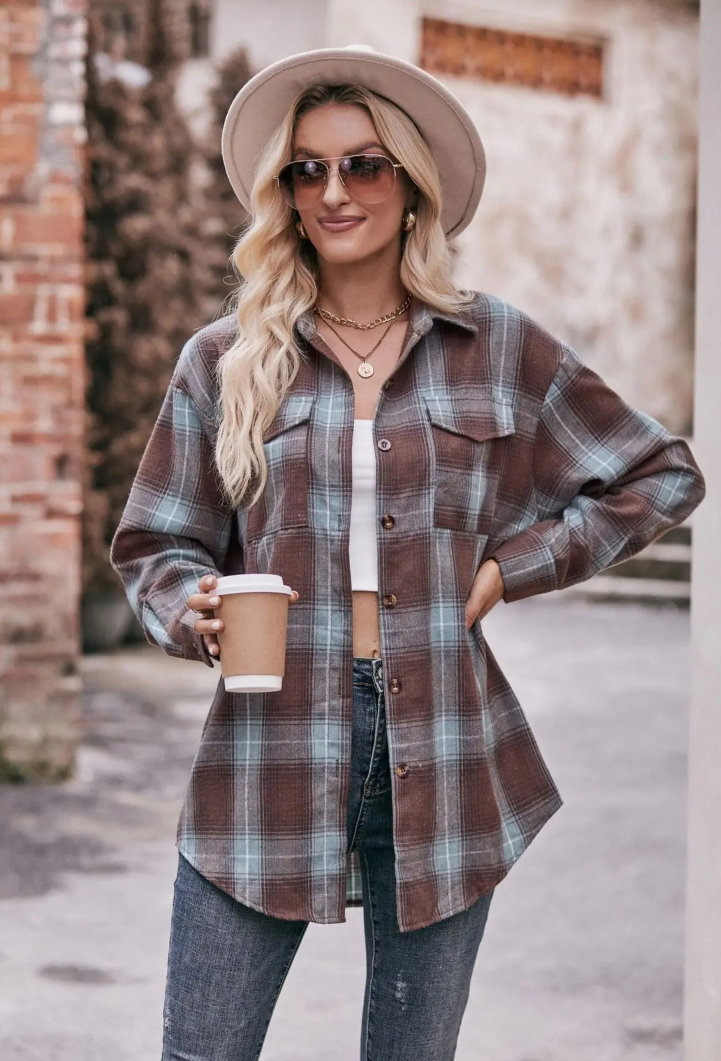 Brown/Mint Plaid Button Down Shirt