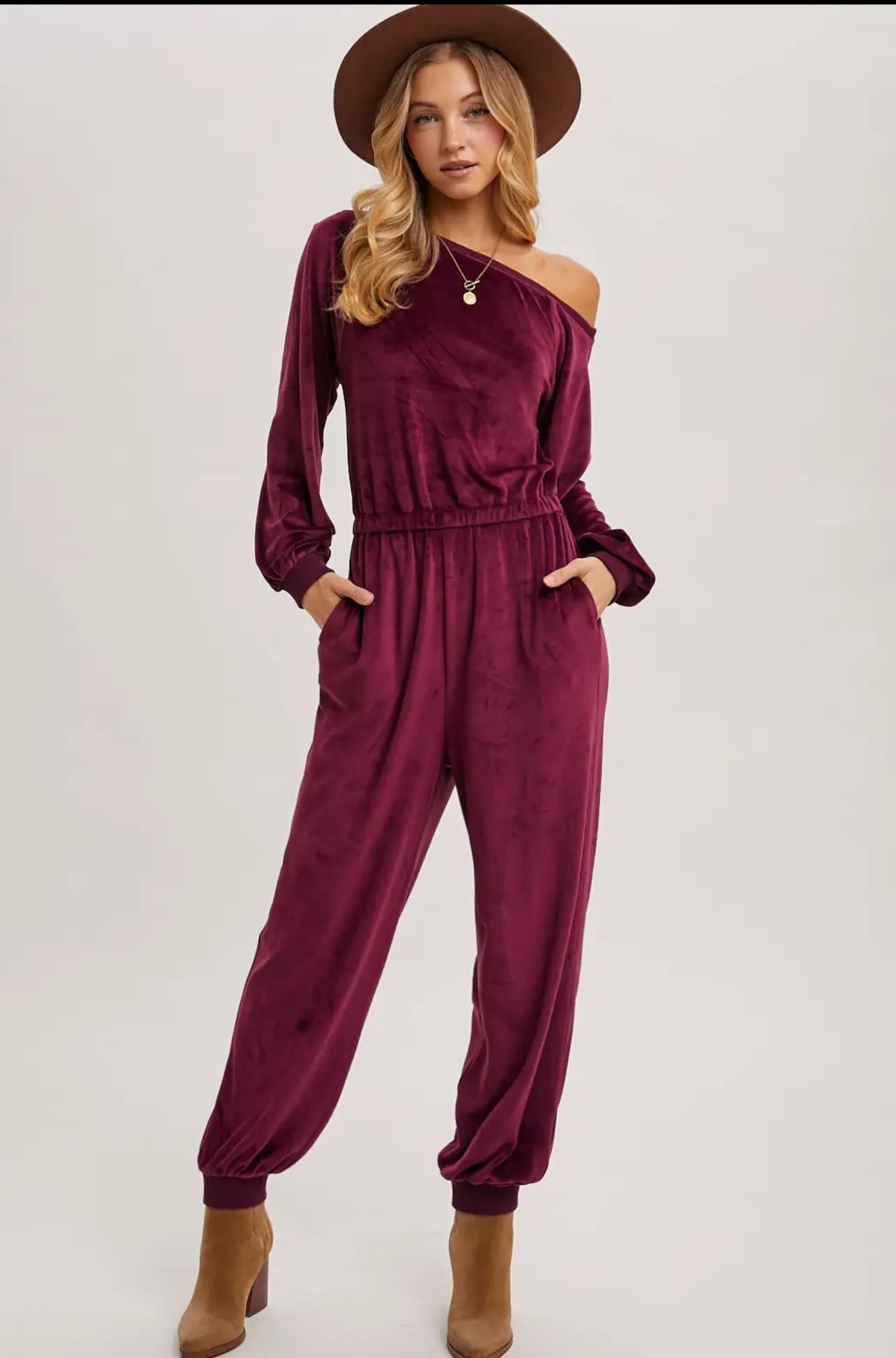 Plum Velvet One Shoulder Jumpsuit