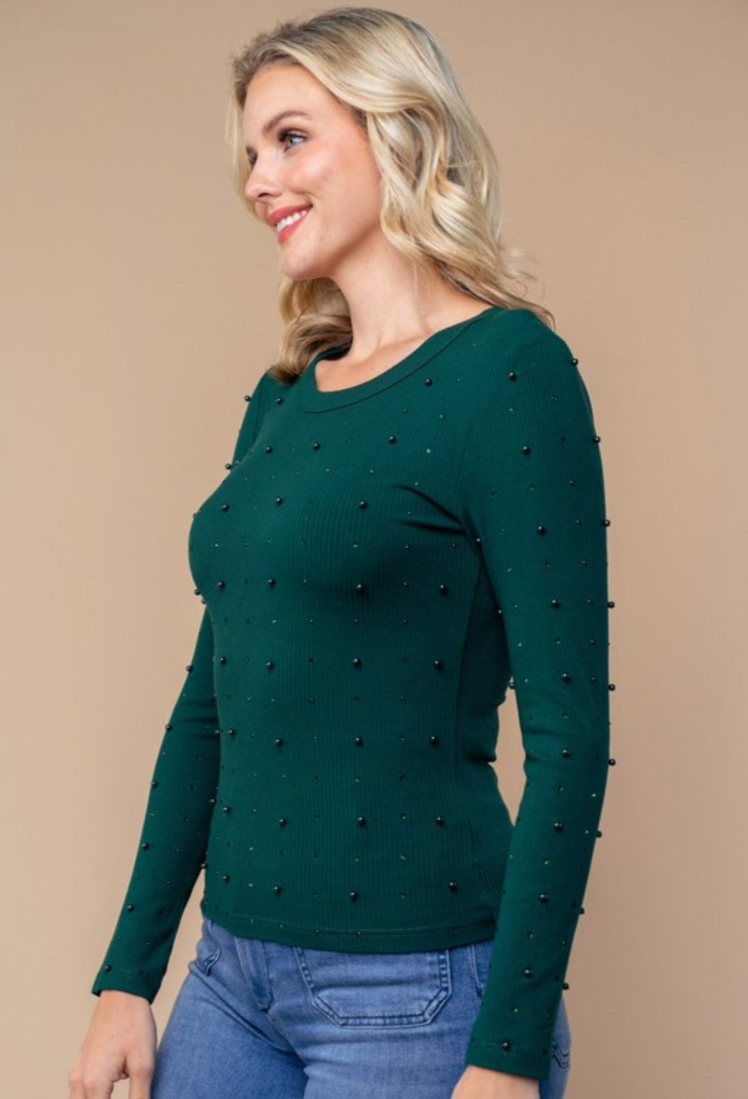 Hunter Green Pearl Long Sleeve Top